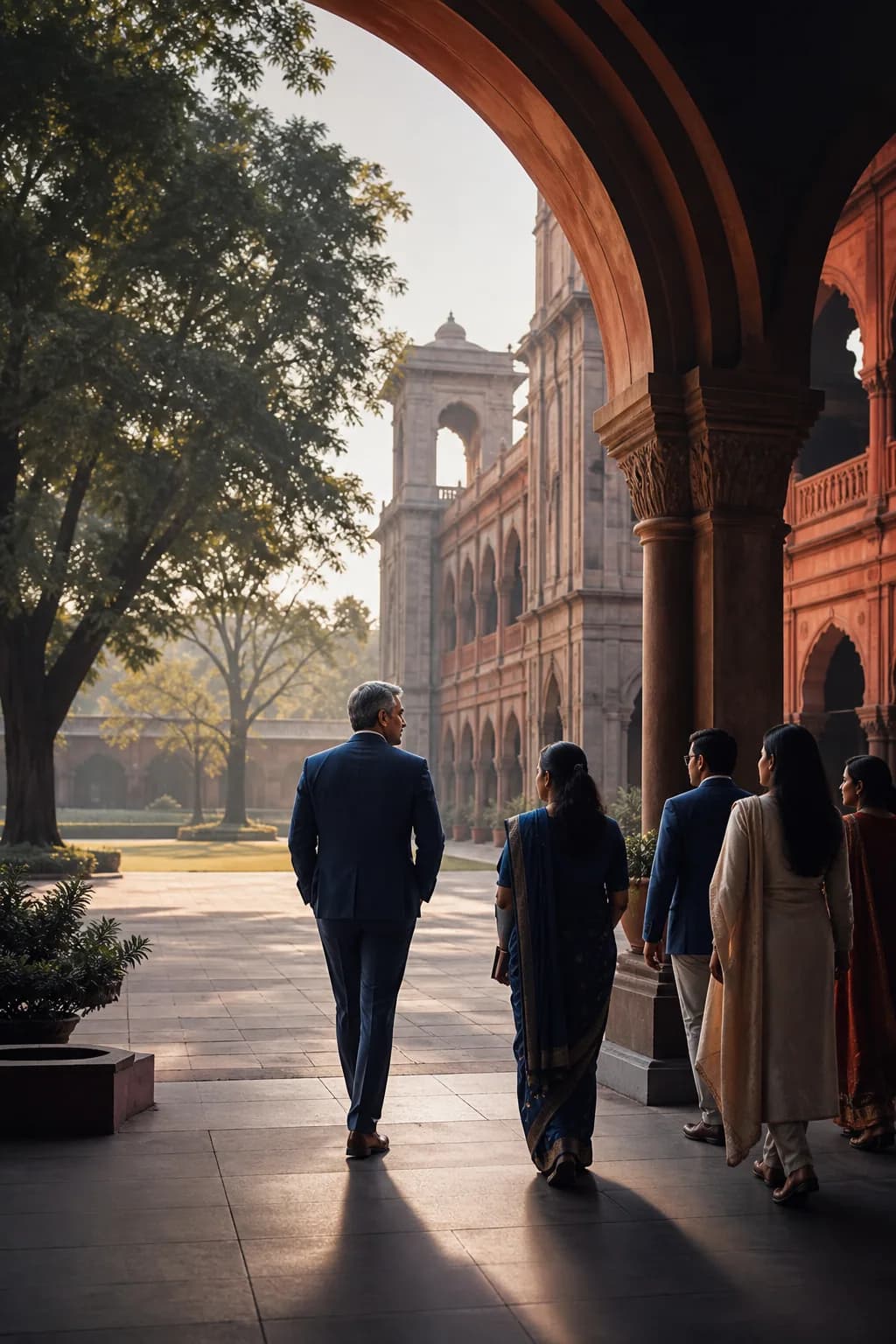 Indian school leaders walking through a heritage school campus